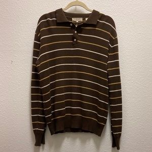 Jos A Banks - Long Sleeve Collared Polo Shirt - Brown w/ Yellow & White Stripes